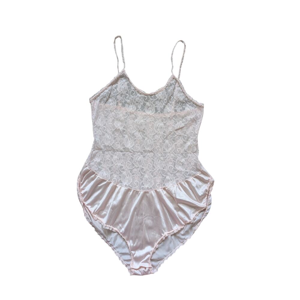 Vintage MW Lace Bodysuit Lingerie Womens M Pink Satin Floral Romantic Coquette